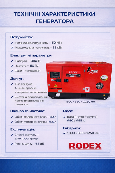 Дизельный генератор RODEX AS 50 кВт (трехфазный, 380 В, 50 Гц, в шумозащитном кожухе) RODEX фото
